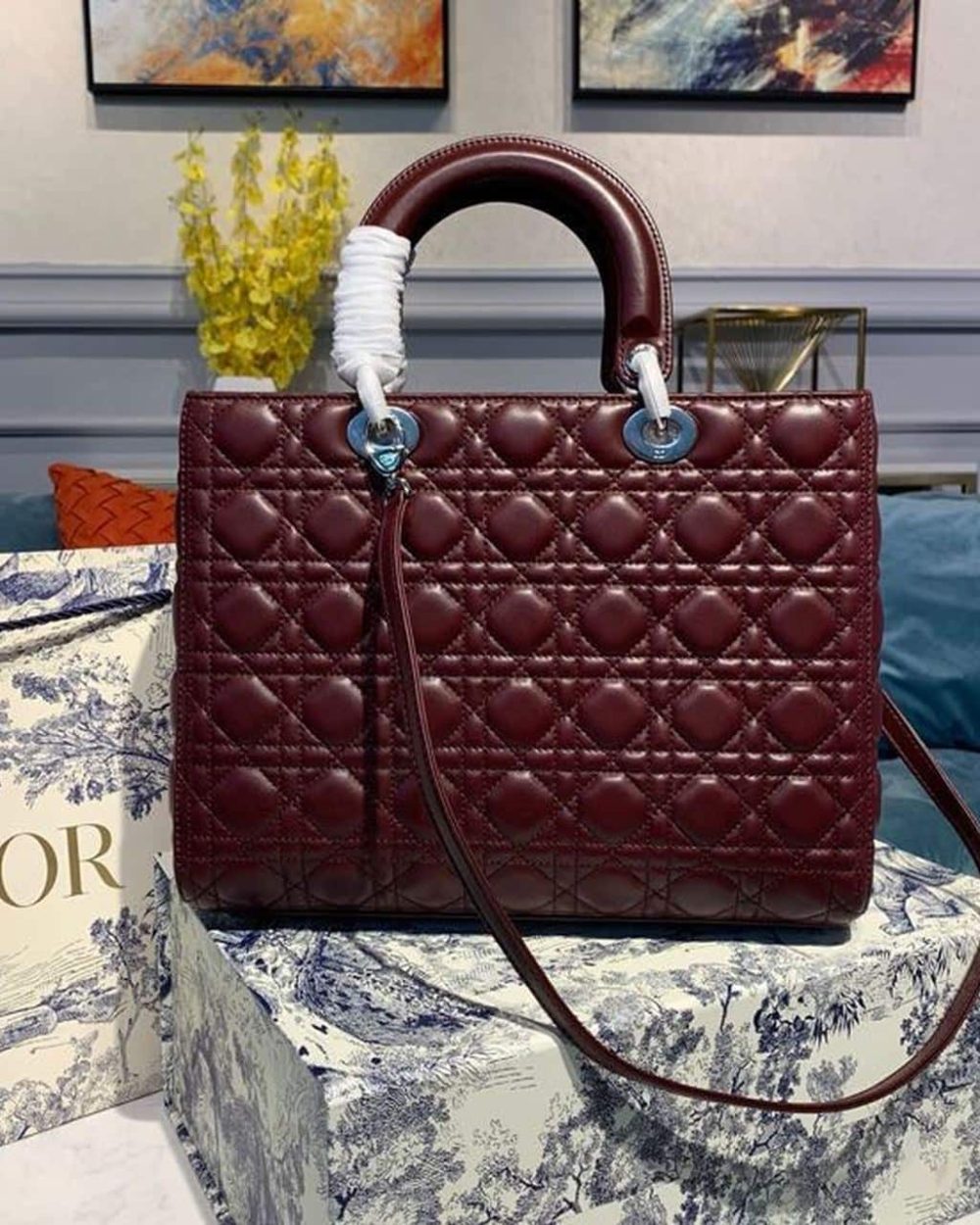 1:1 Replica Christian Dior Large Lady Dior Bag Silver Hardware Burgundy Cannage For Women 12.5in/32cm CD