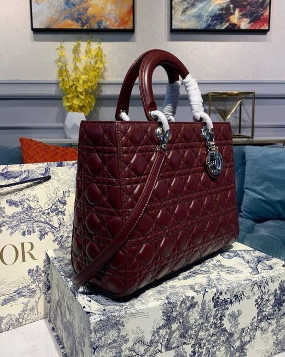 1:1 Replica Christian Dior Large Lady Dior Bag Silver Hardware Burgundy Cannage For Women 12.5in/32cm CD