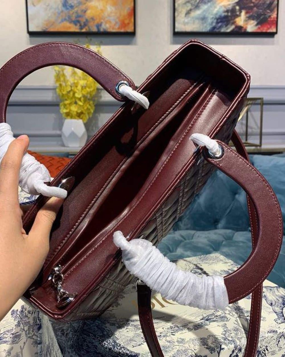 1:1 Replica Christian Dior Large Lady Dior Bag Silver Hardware Burgundy Cannage For Women 12.5in/32cm CD