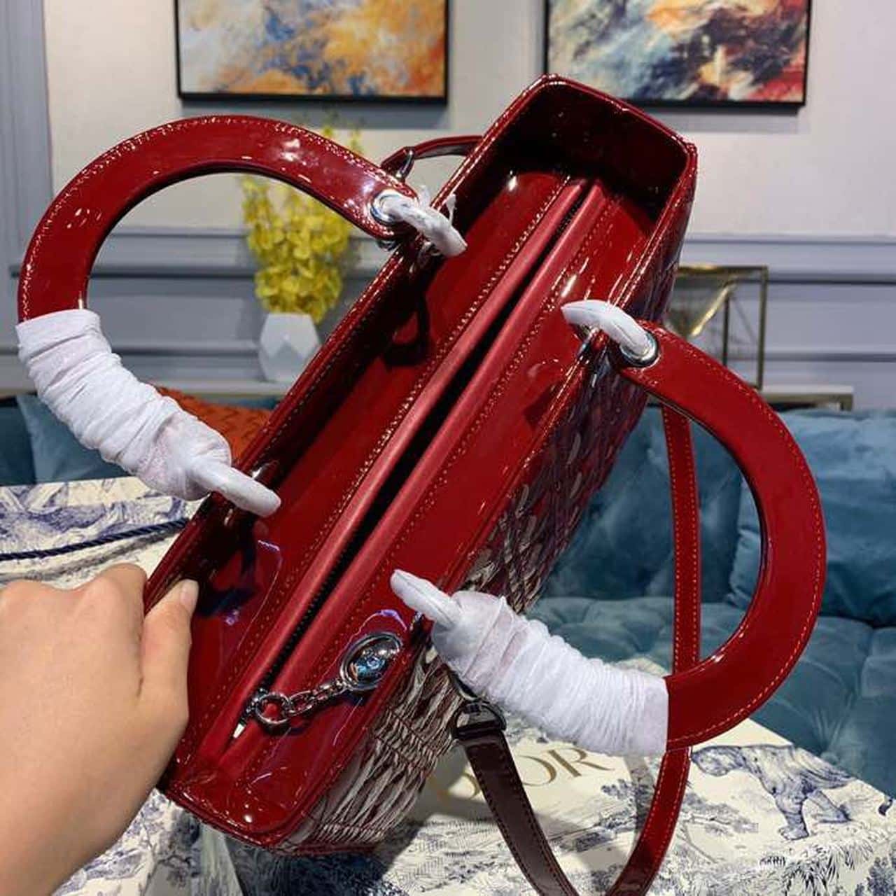 1:1 Replica Christian Dior Large Lady Dior Bag Silver Hardware Cherry Red Patent For Women 12.5in/32cm CD - Image 9