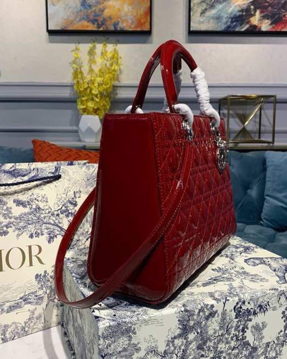 1:1 Replica Christian Dior Large Lady Dior Bag Silver Hardware Cherry Red Patent For Women 12.5in/32cm CD