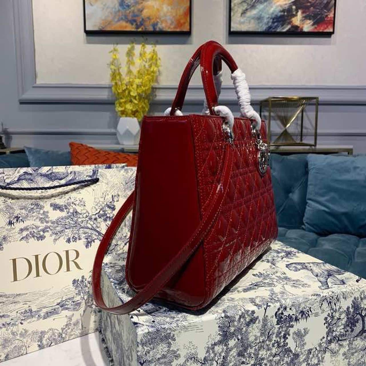 1:1 Replica Christian Dior Large Lady Dior Bag Silver Hardware Cherry Red Patent For Women 12.5in/32cm CD - Image 4