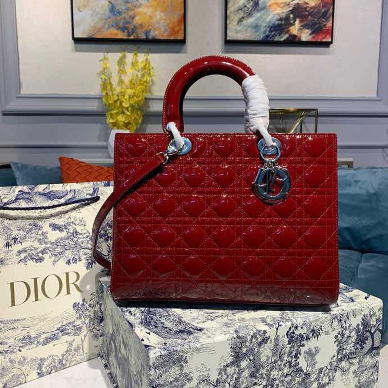 1:1 Replica Christian Dior Large Lady Dior Bag Silver Hardware Cherry Red Patent For Women 12.5in/32cm CD