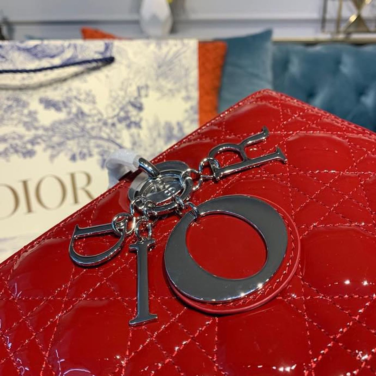 1:1 Replica Christian Dior Large Lady Dior Bag Silver Hardware Cherry Red Patent For Women 12.5in/32cm CD - Image 10