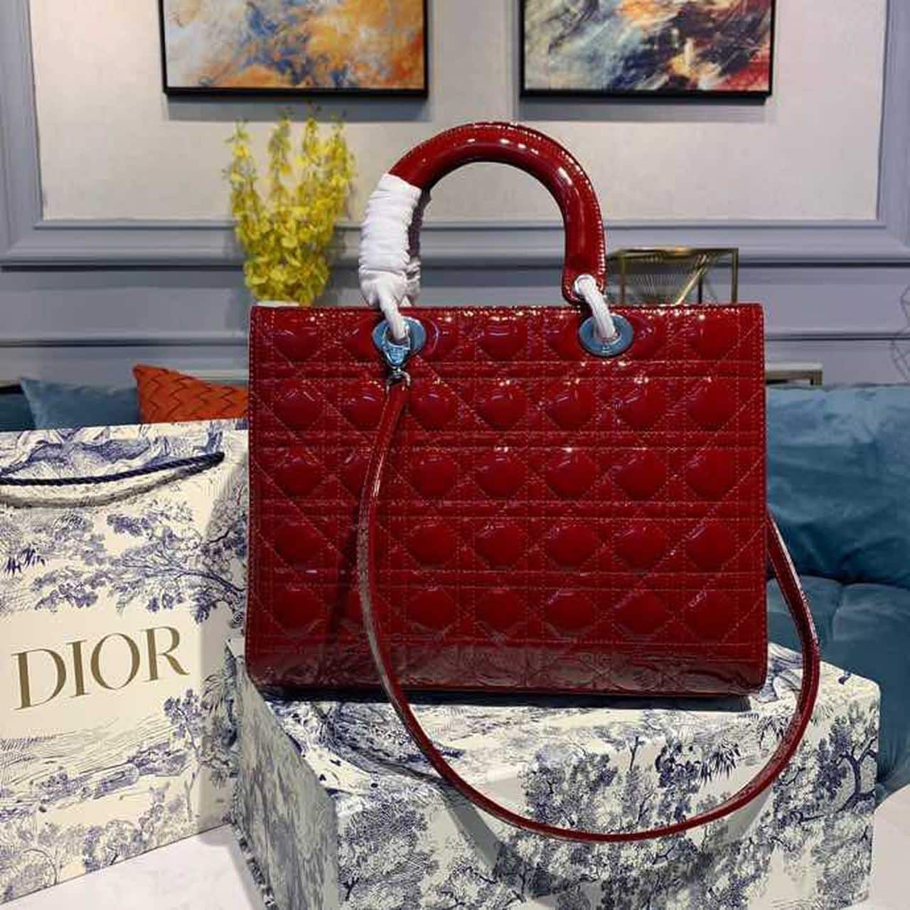 1:1 Replica Christian Dior Large Lady Dior Bag Silver Hardware Cherry Red Patent For Women 12.5in/32cm CD - Image 3