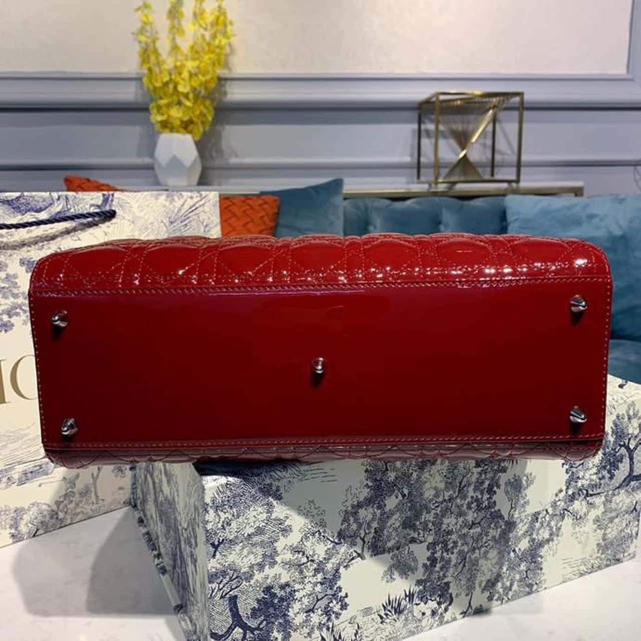 1:1 Replica Christian Dior Large Lady Dior Bag Silver Hardware Cherry Red Patent For Women 12.5in/32cm CD - Image 5