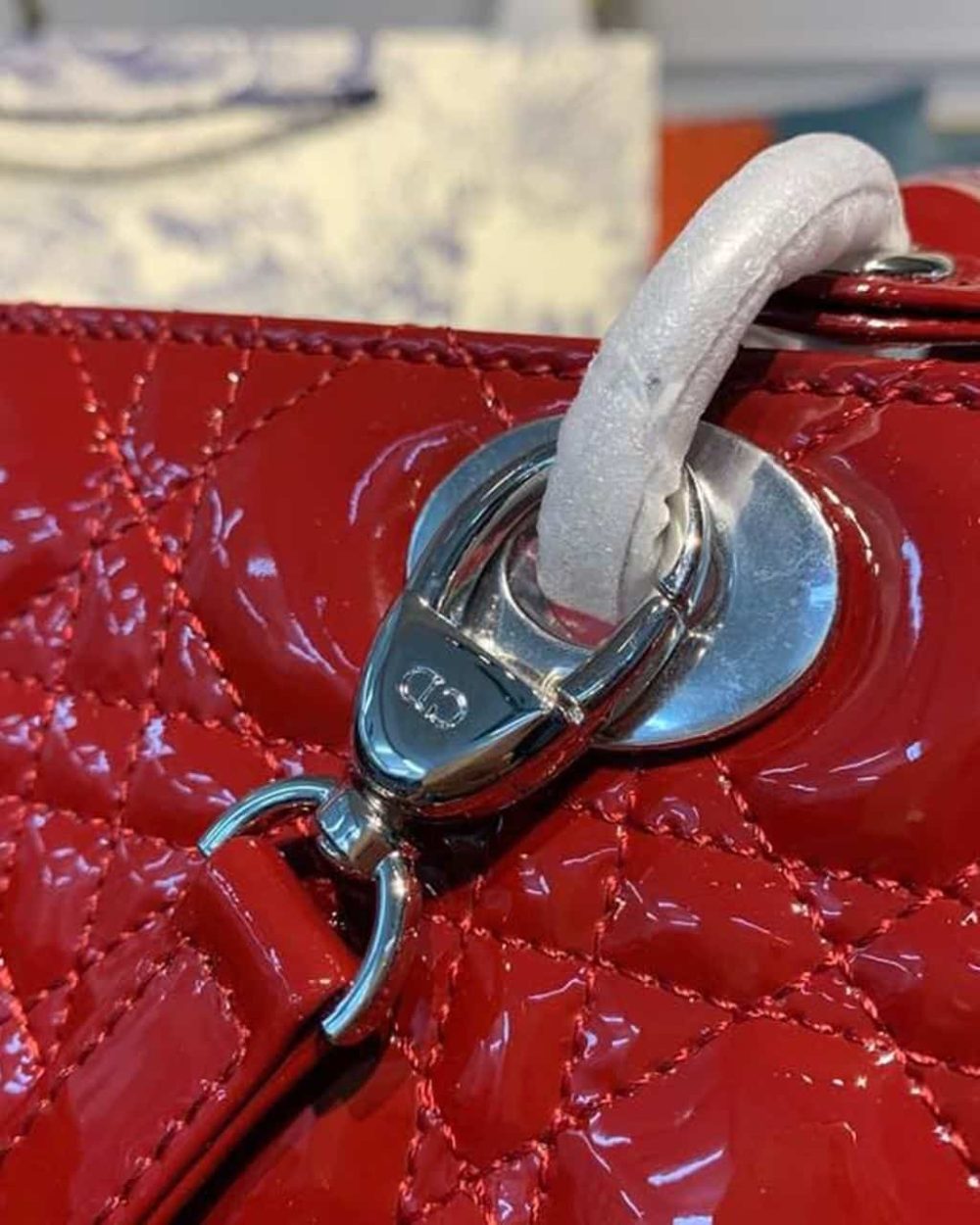 1:1 Replica Christian Dior Large Lady Dior Bag Silver Hardware Cherry Red Patent For Women 12.5in/32cm CD
