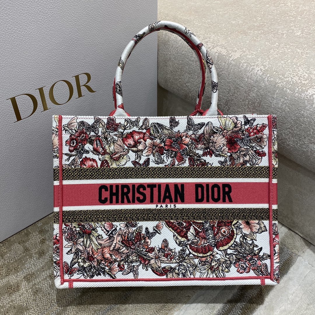 1:1 Replica Christian Dior Medium Dior Book Tote Multicolor Butterfly Embroidery, Red/White, For Women Women’s Handbags, 36cm CD