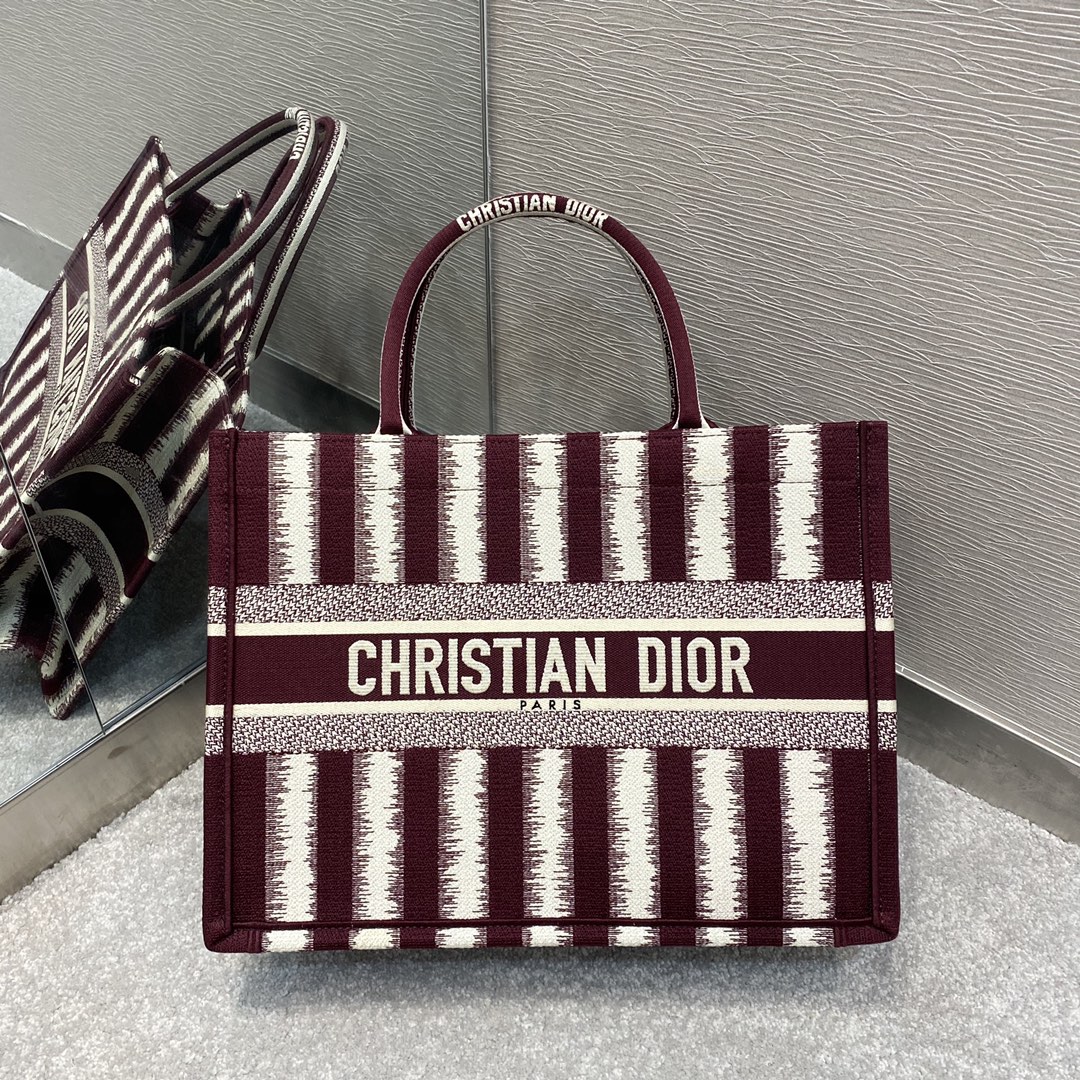 1:1 Replica Christian Dior Medium Dior Book Tote Red D-Stripes Embroidery For Women 36cm/16.5in CD