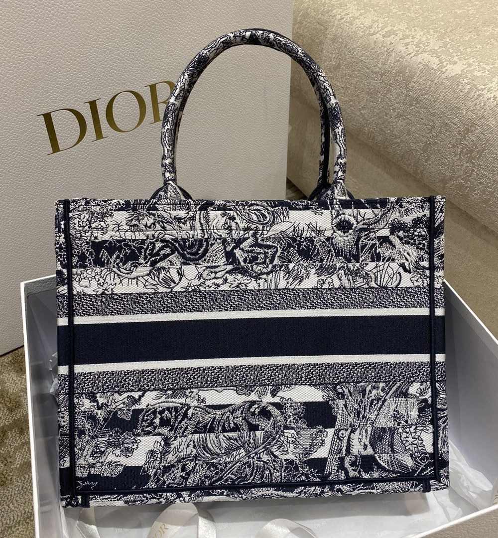 1:1 Replica Christian Dior Medium Dior Book Tote Toile de Jouy Stripes Embroidery, Black For Women Women’s Handbags, 36cm CD M1296ZRLP_M928