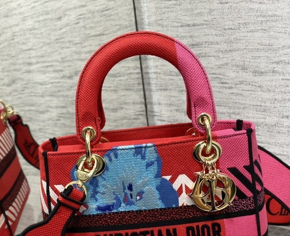1:1 Replica Christian Dior Medium Lady D-Lite Bag D-Flower Pop Embroidery, Bright Pink Multicolor, For Women Women's Handbags, 24cm CD M0565OROO_M885