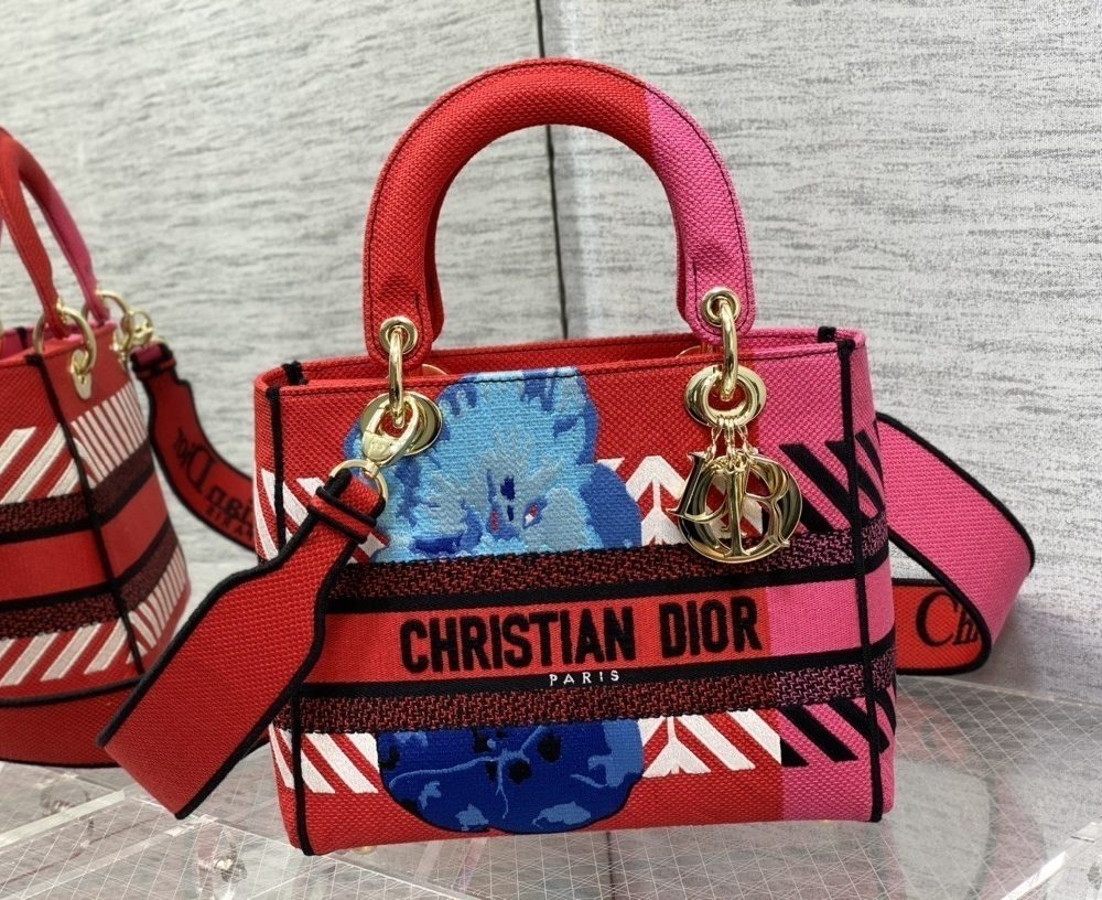 1:1 Replica Christian Dior Medium Lady D-Lite Bag D-Flower Pop Embroidery, Bright Pink Multicolor, For Women Women's Handbags, 24cm CD M0565OROO_M885