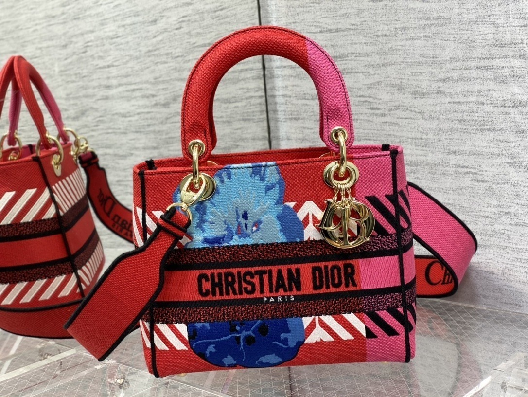 1:1 Replica Christian Dior Medium Lady D-Lite Bag D-Flower Pop Embroidery, Bright Pink Multicolor, For Women Women's Handbags, 24cm CD M0565OROO_M885 - Image 2