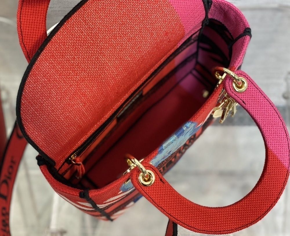 1:1 Replica Christian Dior Medium Lady D-Lite Bag D-Flower Pop Embroidery, Bright Pink Multicolor, For Women Women's Handbags, 24cm CD M0565OROO_M885