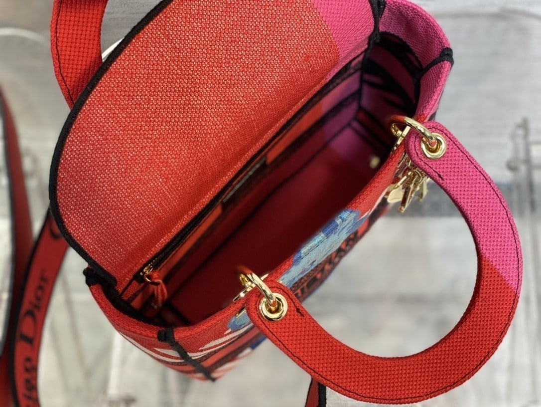 1:1 Replica Christian Dior Medium Lady D-Lite Bag D-Flower Pop Embroidery, Bright Pink Multicolor, For Women Women's Handbags, 24cm CD M0565OROO_M885 - Image 4