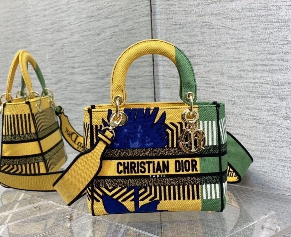1:1 Replica Christian Dior Medium Lady D-Lite Bag D-Flower Pop Embroidery, Bright Yellow/Green, For Women Women's Handbags, 24cm CD M0565OROO_M886