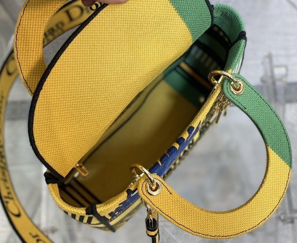 1:1 Replica Christian Dior Medium Lady D-Lite Bag D-Flower Pop Embroidery, Bright Yellow/Green, For Women Women's Handbags, 24cm CD M0565OROO_M886
