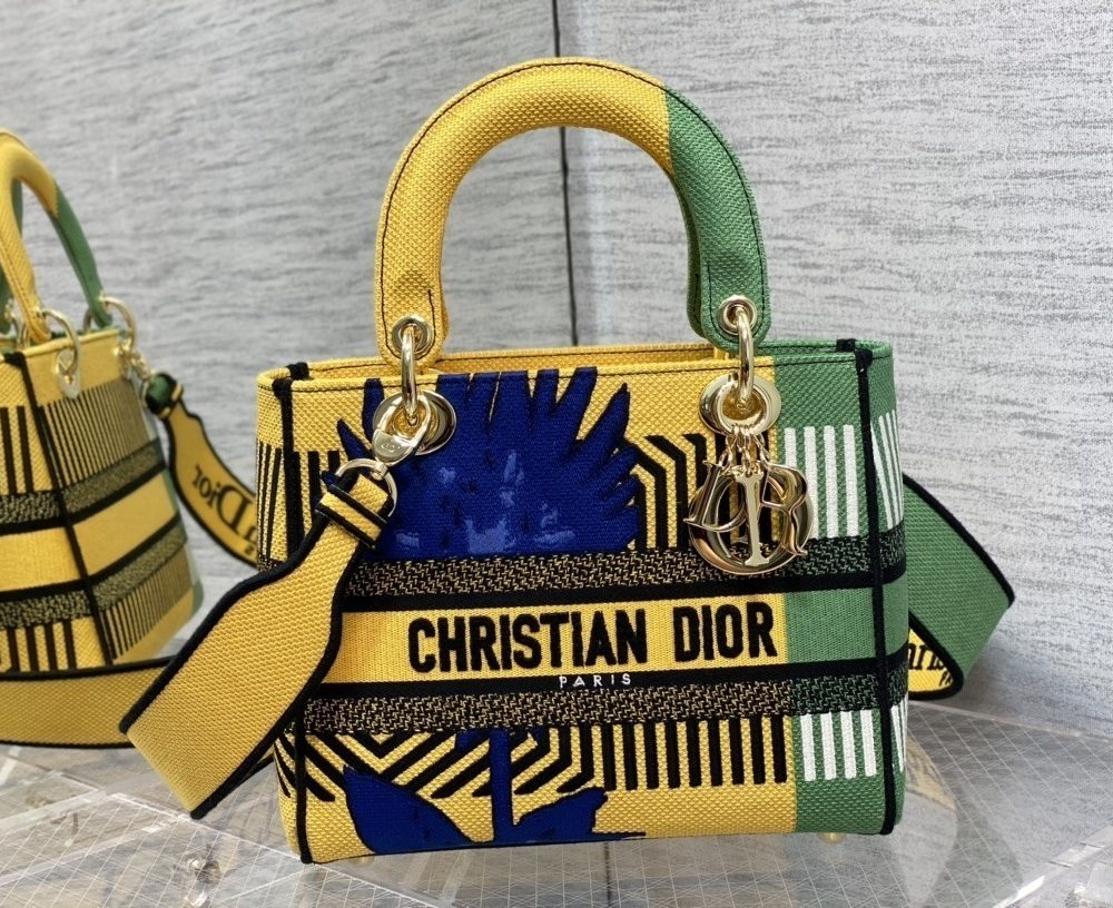1:1 Replica Christian Dior Medium Lady D-Lite Bag D-Flower Pop Embroidery, Bright Yellow/Green, For Women Women's Handbags, 24cm CD M0565OROO_M886
