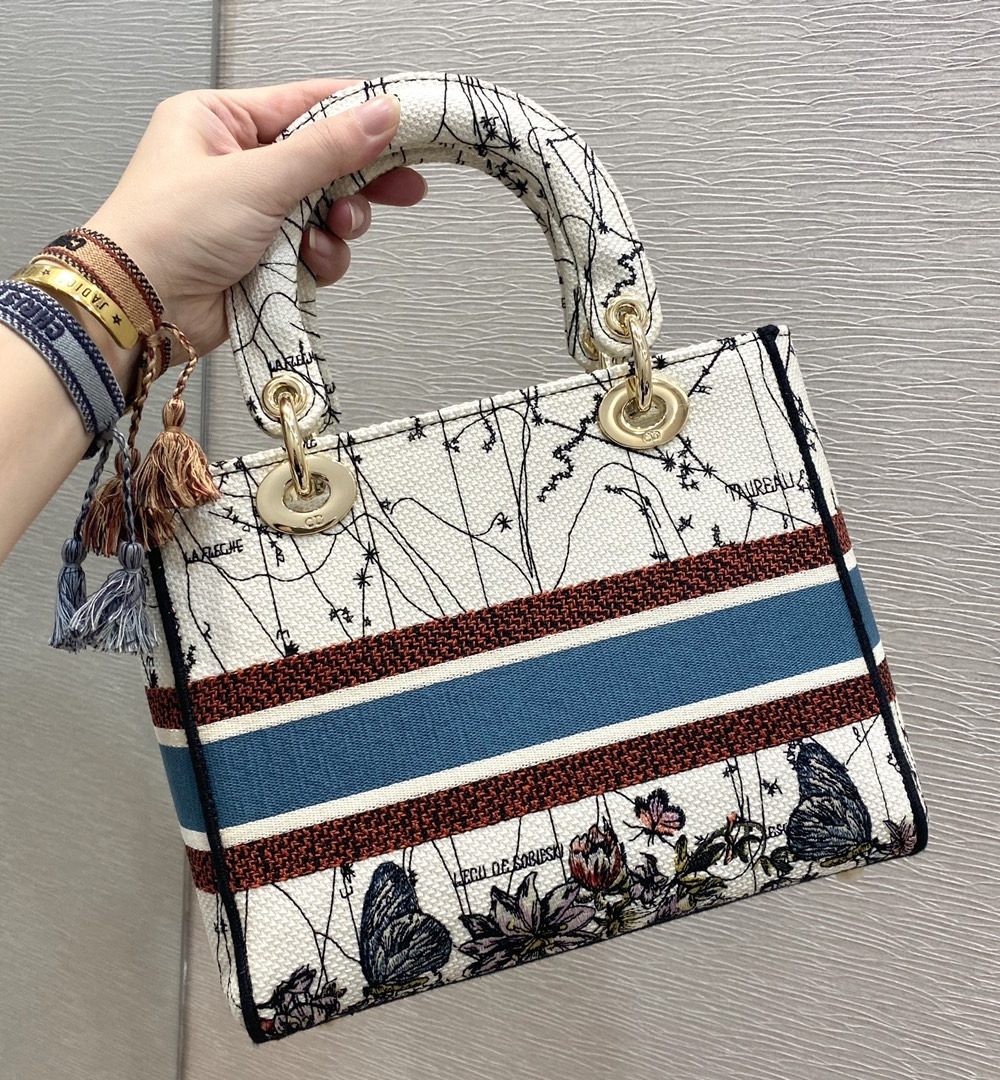 1:1 Replica Christian Dior Medium Lady D-Lite Bag Latte Multicolor Dior Constellation Embroidery, Latte, For Women Women's Handbags, Crossbody Bags, 24cm CD M0565ORHP_M941