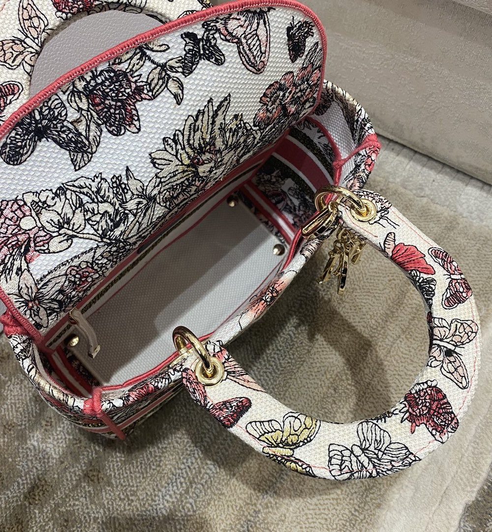 1:1 Replica Christian Dior Medium Lady D-Lite Bag Multicolor Butterfly Embroidery, Red/Latte, For Women Women's Handbags, 24cm CD M0565ORHQ_M884