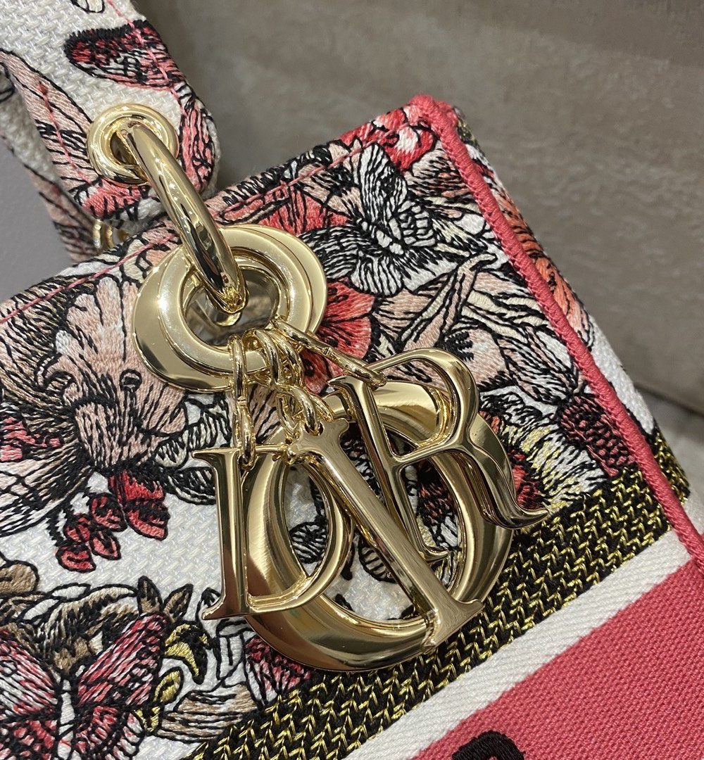 1:1 Replica Christian Dior Medium Lady D-Lite Bag Multicolor Butterfly Embroidery, Red/Latte, For Women Women's Handbags, 24cm CD M0565ORHQ_M884