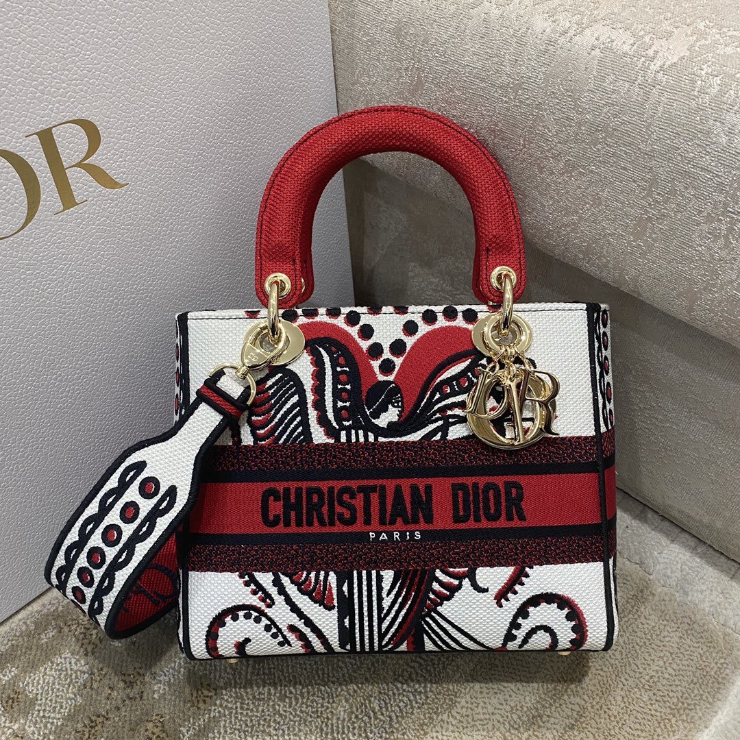 1:1 Replica Christian Dior Medium Lady D-Lite Bag Multicolor Cupidon Embroidery, Red/Latte, For Women Women's Handbags, 24cm CD M0565OTQG_M941