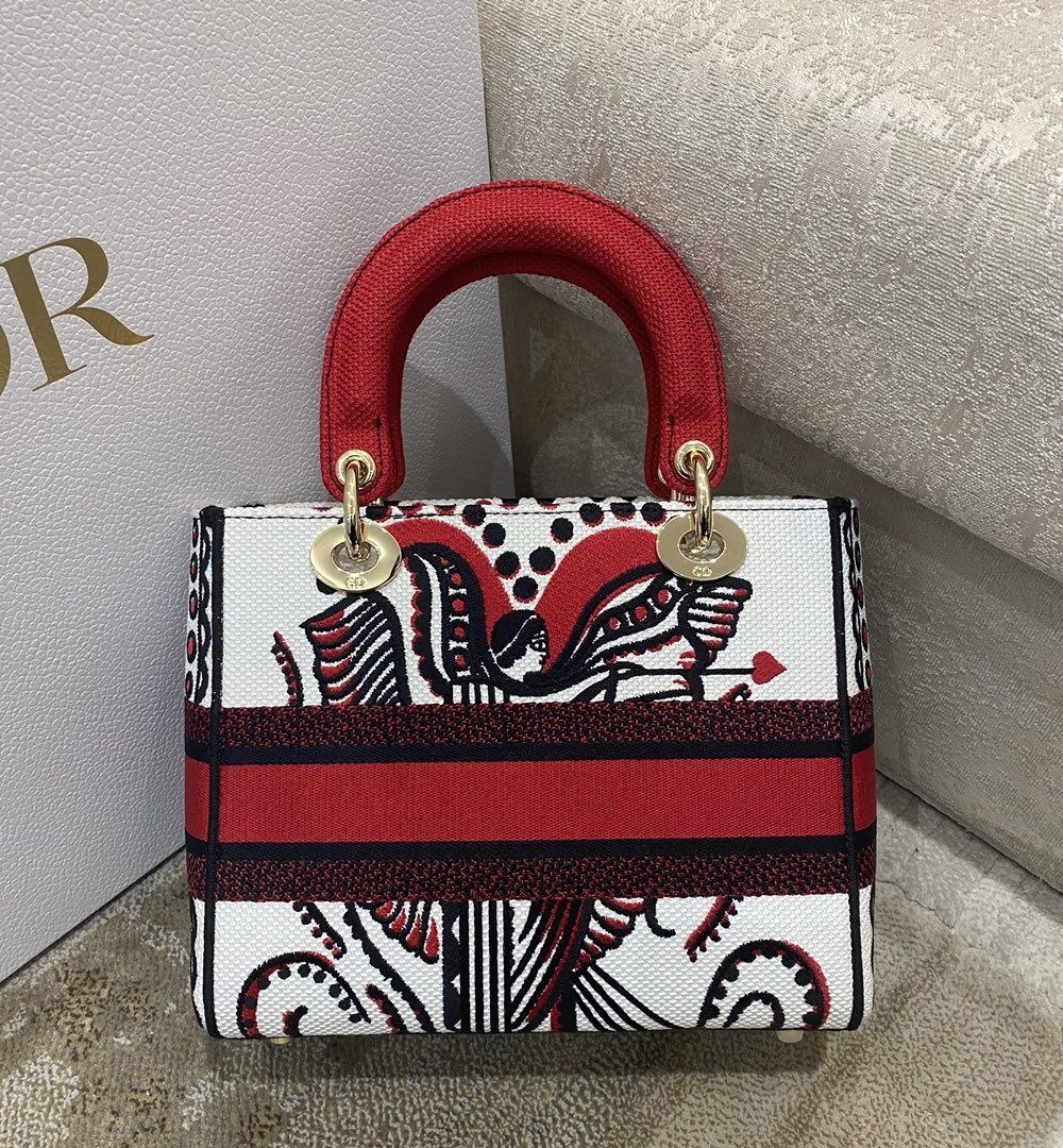 1:1 Replica Christian Dior Medium Lady D-Lite Bag Multicolor Cupidon Embroidery, Red/Latte, For Women Women's Handbags, 24cm CD M0565OTQG_M941