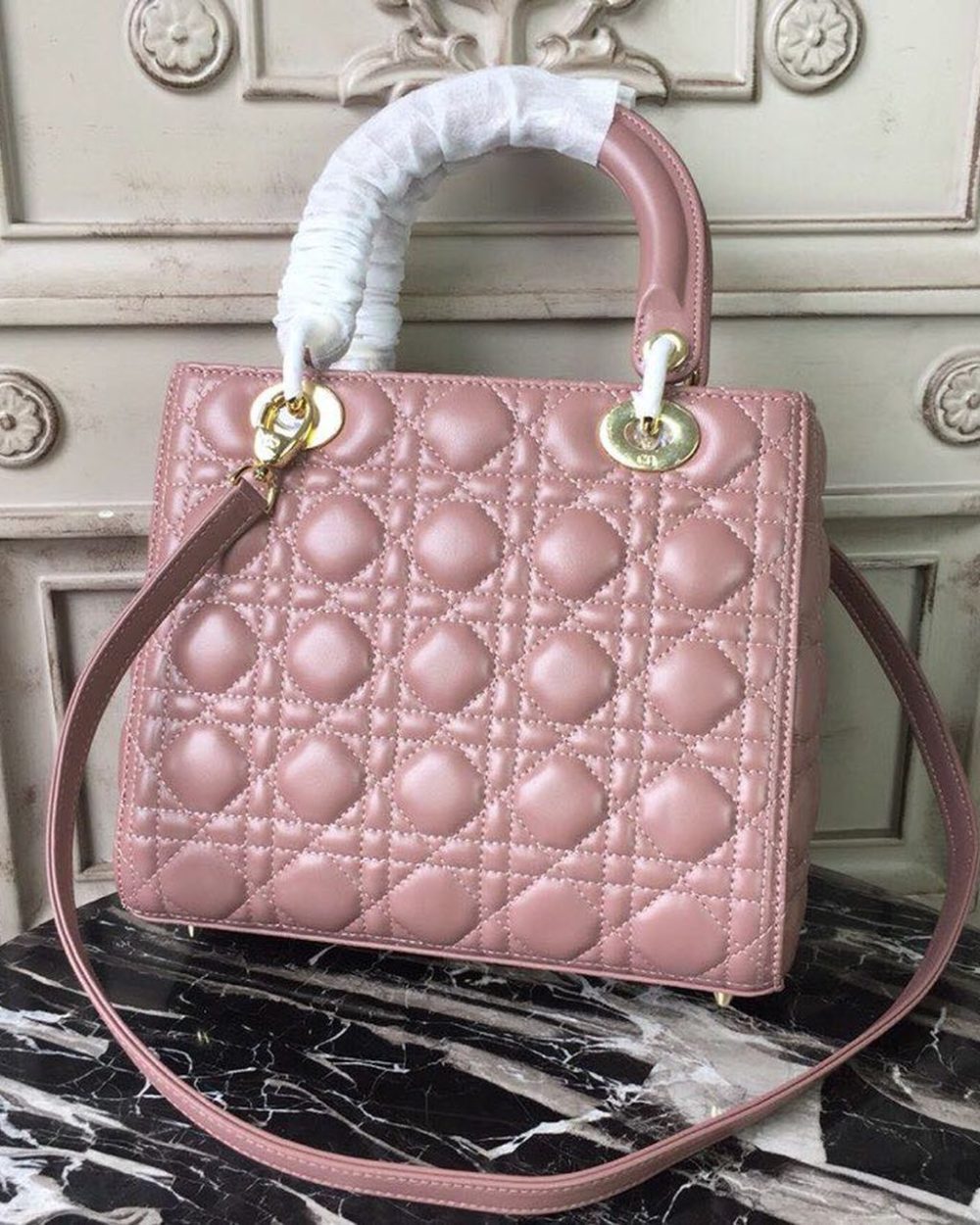 1:1 Replica Christian Dior Medium Lady Dior Bag Gold Toned Hardware Dusty Pink For Women 24cm/9in CD