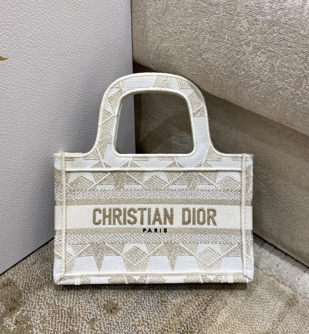 1:1 Replica Christian Dior Mini Dior Book Tote Embroidery Stars Gold Dior Bag, Beige, For Women Women’s Handbags, 9in/23cm CD
