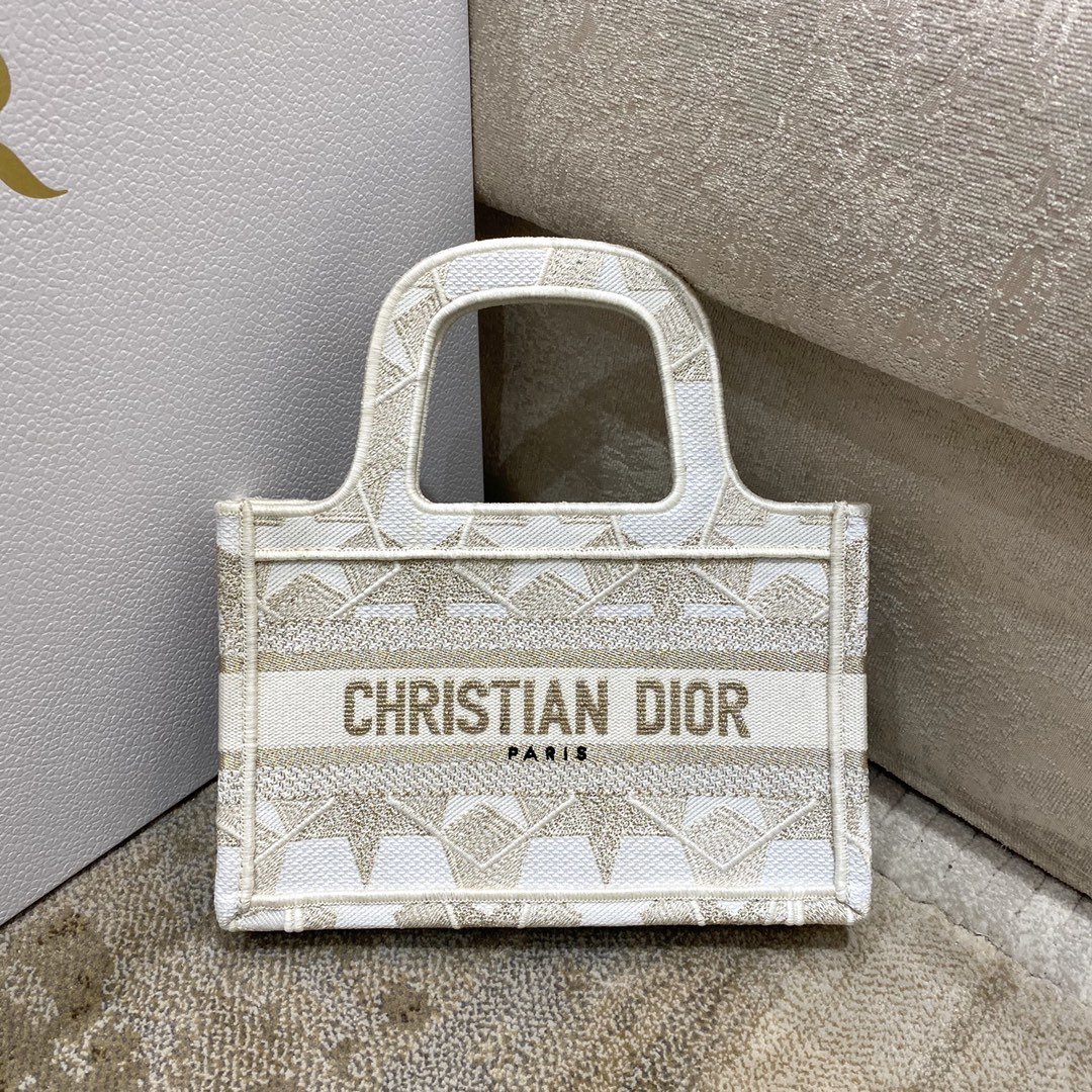 1:1 Replica Christian Dior Mini Dior Book Tote Embroidery Stars Gold Dior Bag, Beige, For Women Women’s Handbags, 9in/23cm CD