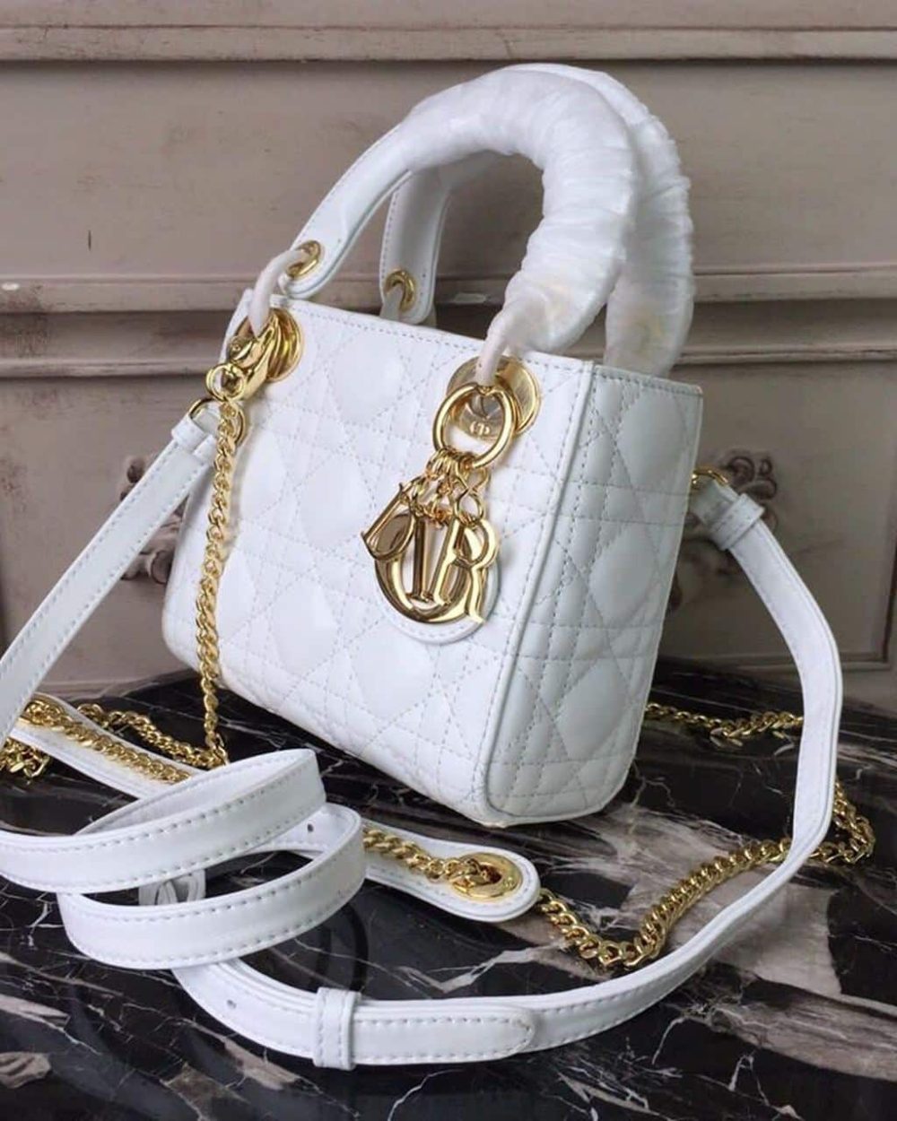 1:1 Replica Christian Dior Mini Lady Dior Bag Gold Toned Hardware White For Women 18cm/7in CD