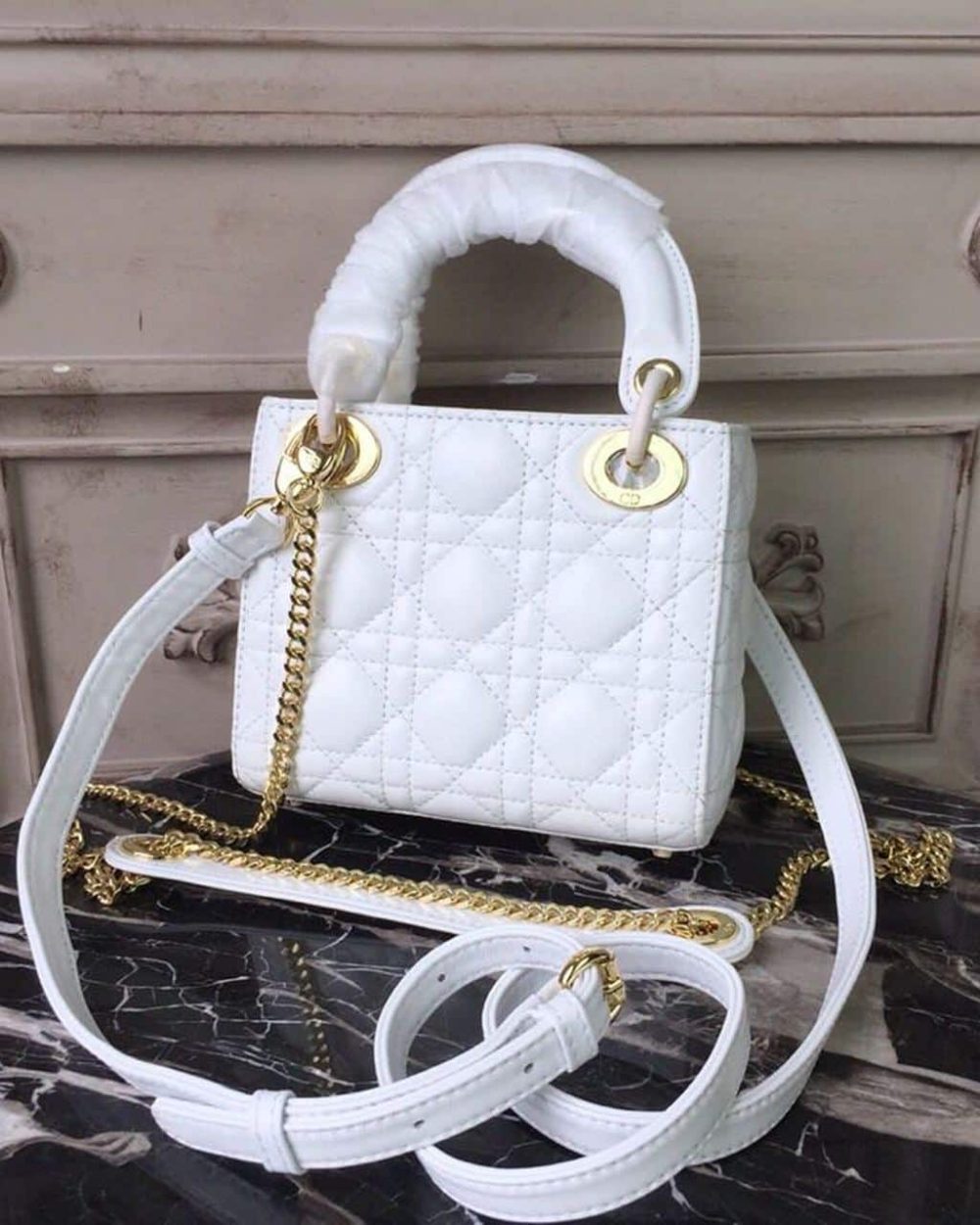 1:1 Replica Christian Dior Mini Lady Dior Bag Gold Toned Hardware White For Women 18cm/7in CD