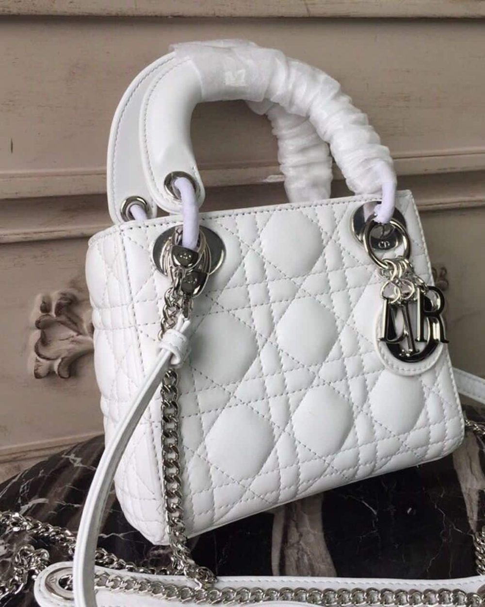 1:1 Replica Christian Dior Mini Lady Dior Bag White Chain Silver Hardware For Women 17cm/6.5in CD