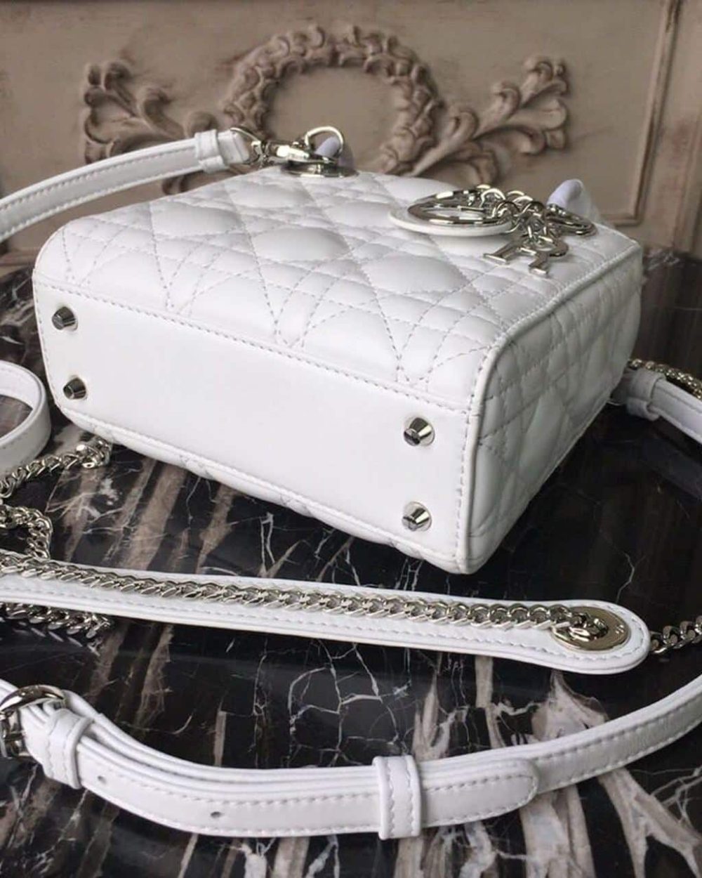 1:1 Replica Christian Dior Mini Lady Dior Bag White Chain Silver Hardware For Women 17cm/6.5in CD