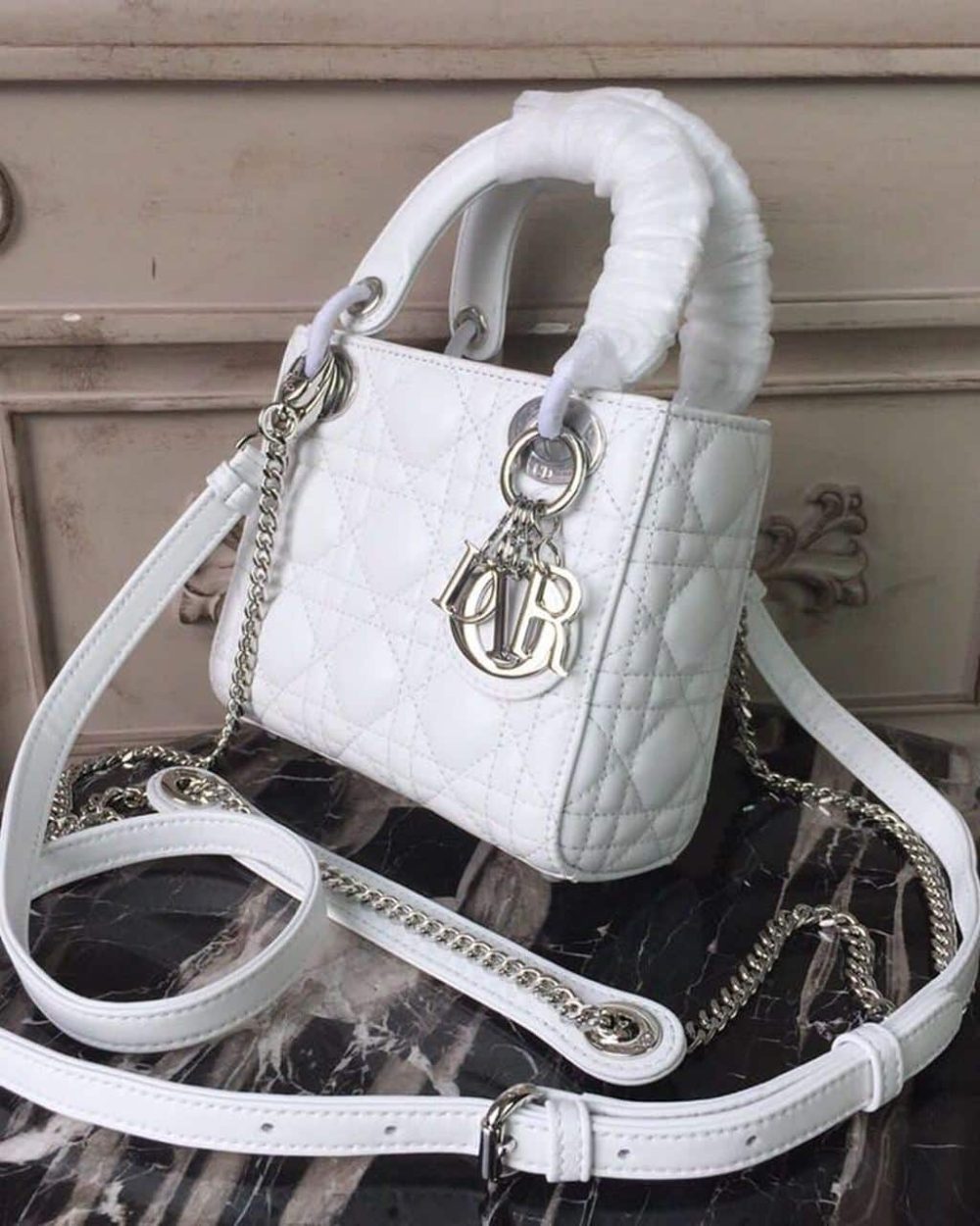 1:1 Replica Christian Dior Mini Lady Dior Bag White Chain Silver Hardware For Women 17cm/6.5in CD