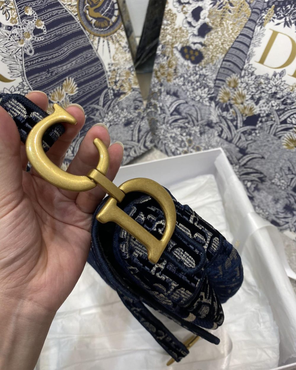 1:1 Replica Christian Dior Saddle Bag Blue Oblique Canvas Gold Toned Hardware For Women 25cm/10in CD