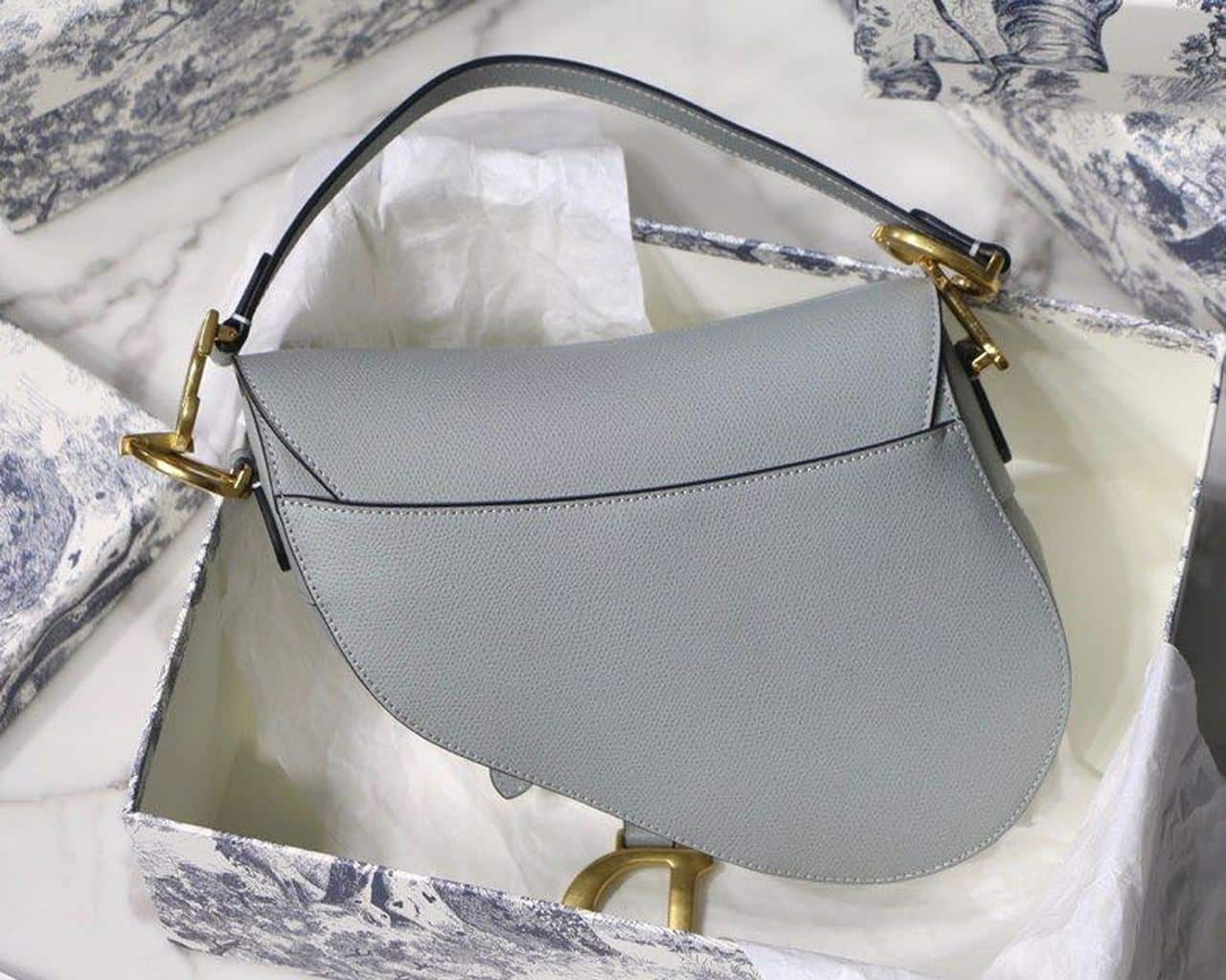 1:1 Replica Christian Dior Saddle Bag Light Blue Grained Gold Toned Hardware For Women 25cm/10in CD - Image 8