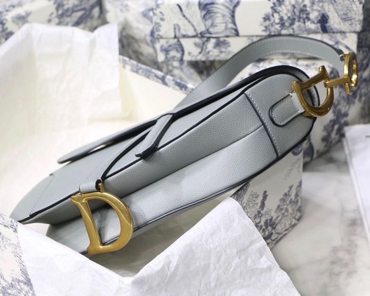 1:1 Replica Christian Dior Saddle Bag Light Blue Grained Gold Toned Hardware For Women 25cm/10in CD - Image 7