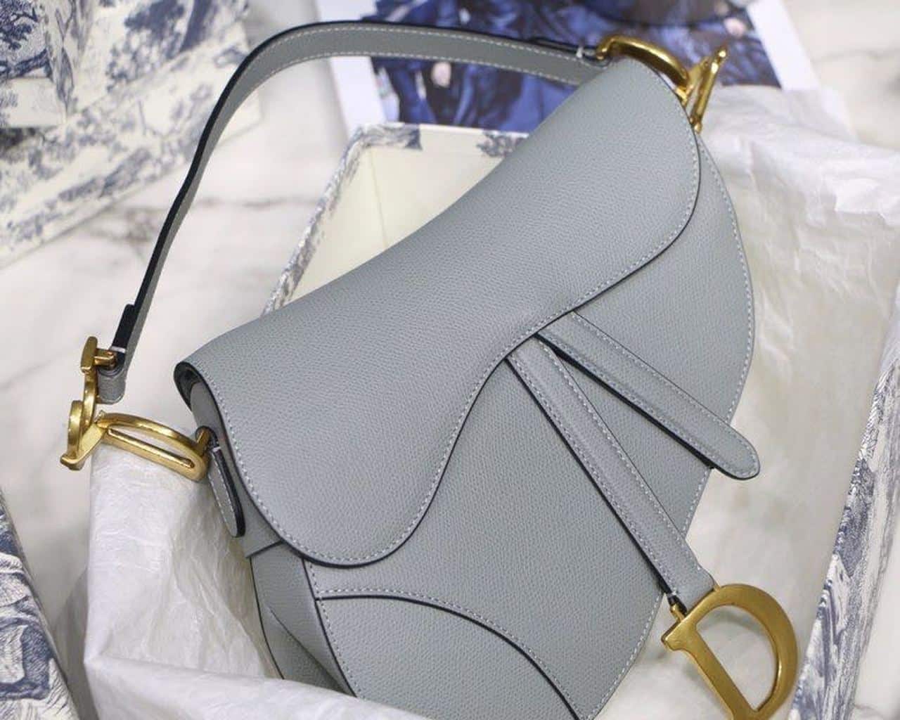 1:1 Replica Christian Dior Saddle Bag Light Blue Grained Gold Toned Hardware For Women 25cm/10in CD - Image 3