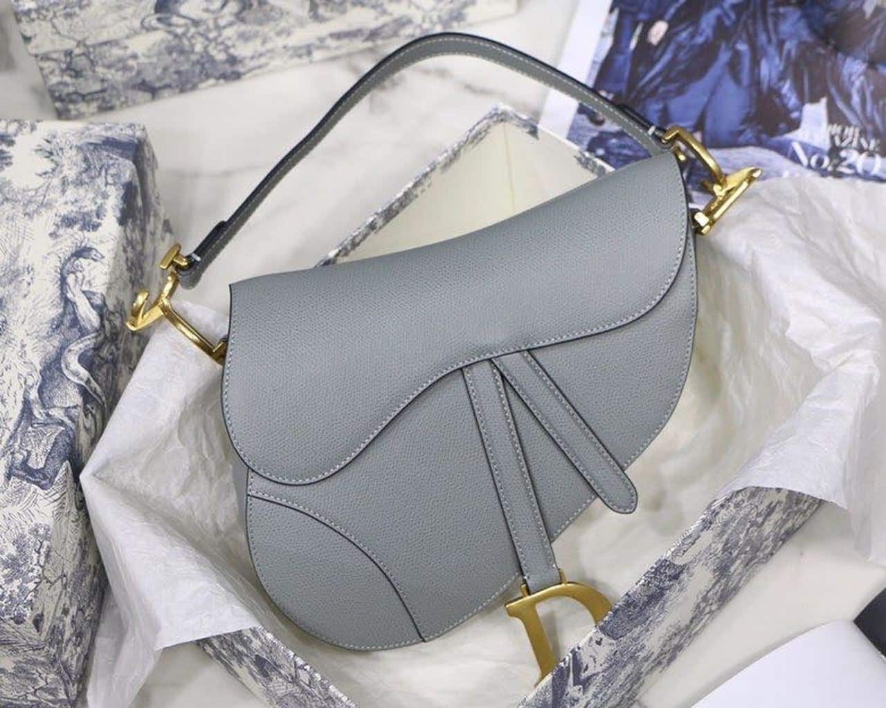 1:1 Replica Christian Dior Saddle Bag Light Blue Grained Gold Toned Hardware For Women 25cm/10in CD