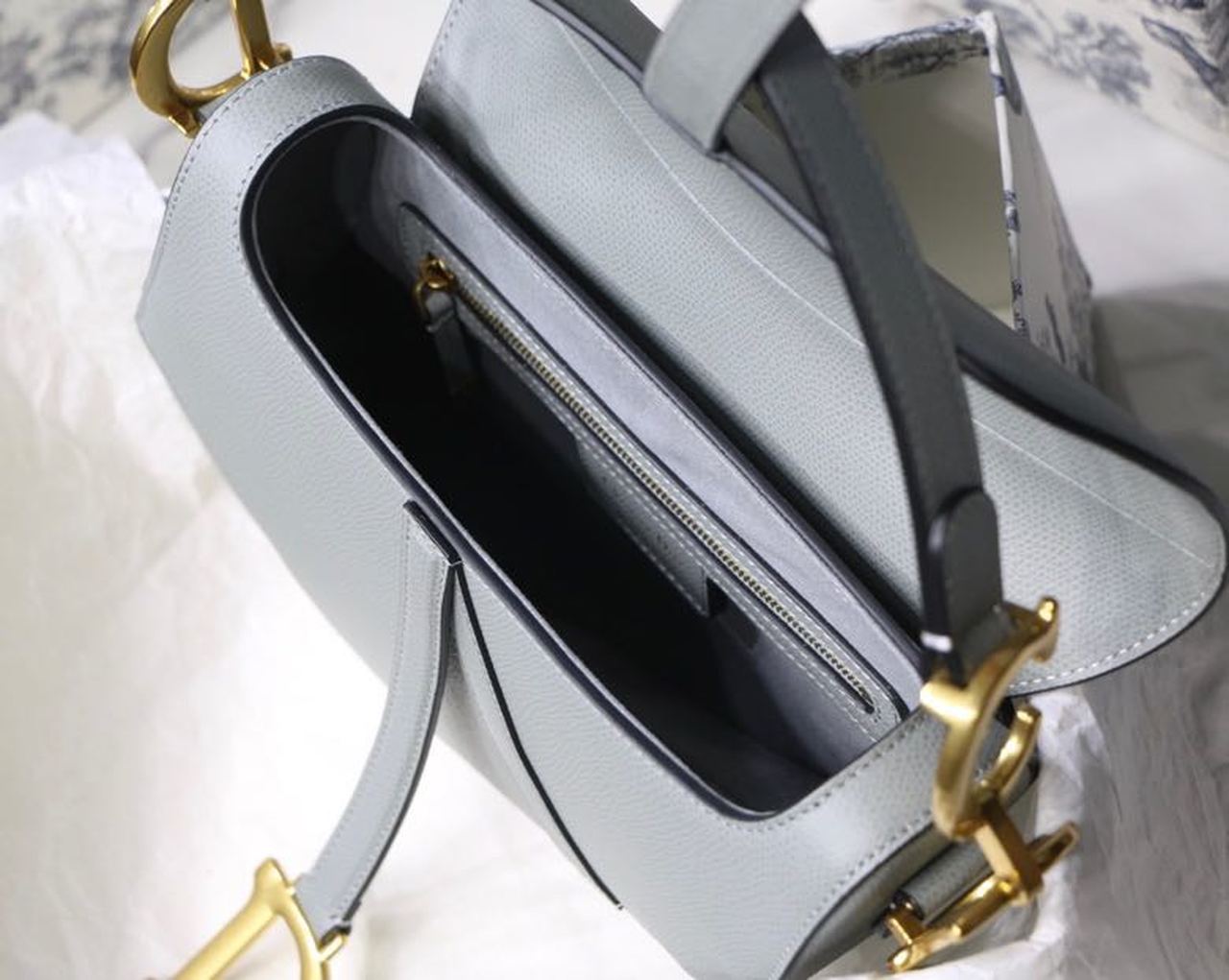 1:1 Replica Christian Dior Saddle Bag Light Blue Grained Gold Toned Hardware For Women 25cm/10in CD - Image 10