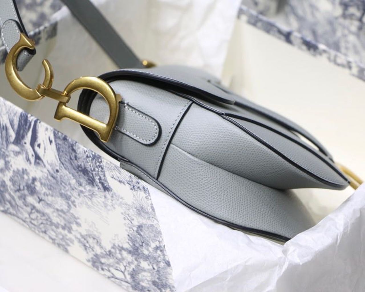 1:1 Replica Christian Dior Saddle Bag Light Blue Grained Gold Toned Hardware For Women 25cm/10in CD - Image 6