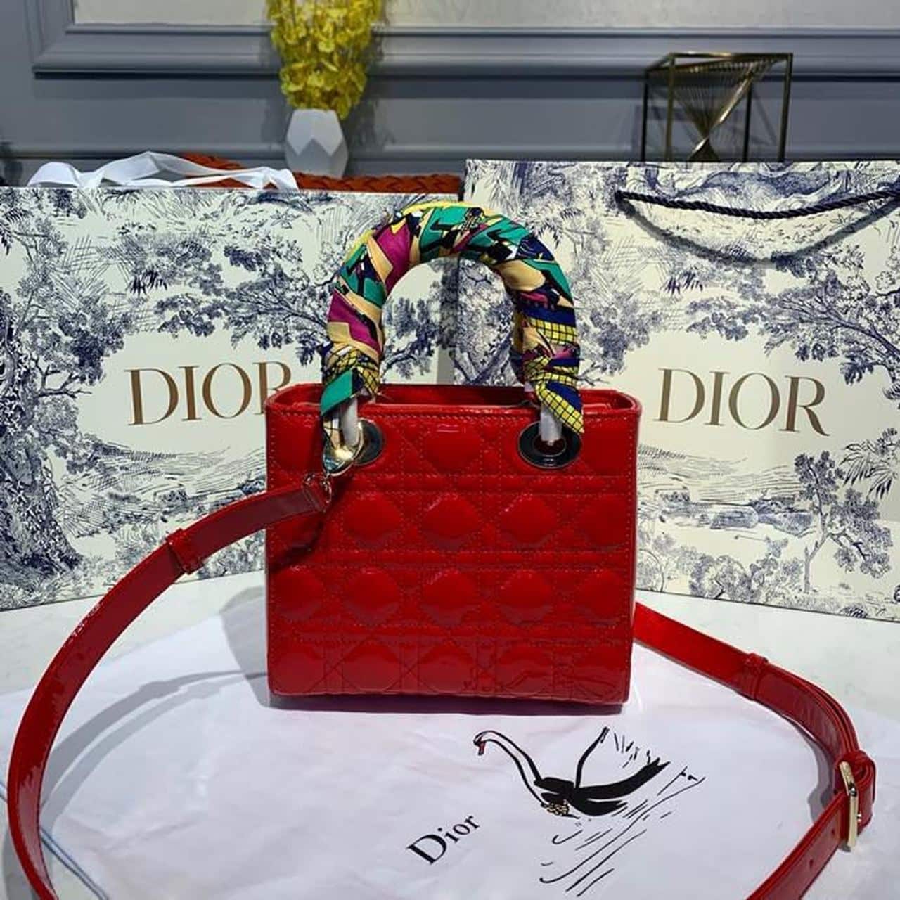 1:1 Replica Christian Dior Small Lady Dior Bag Gold Toned Hardware Cherry Red Patent For Women 8in/20cm CD M0531OWCB_M323 - Image 3