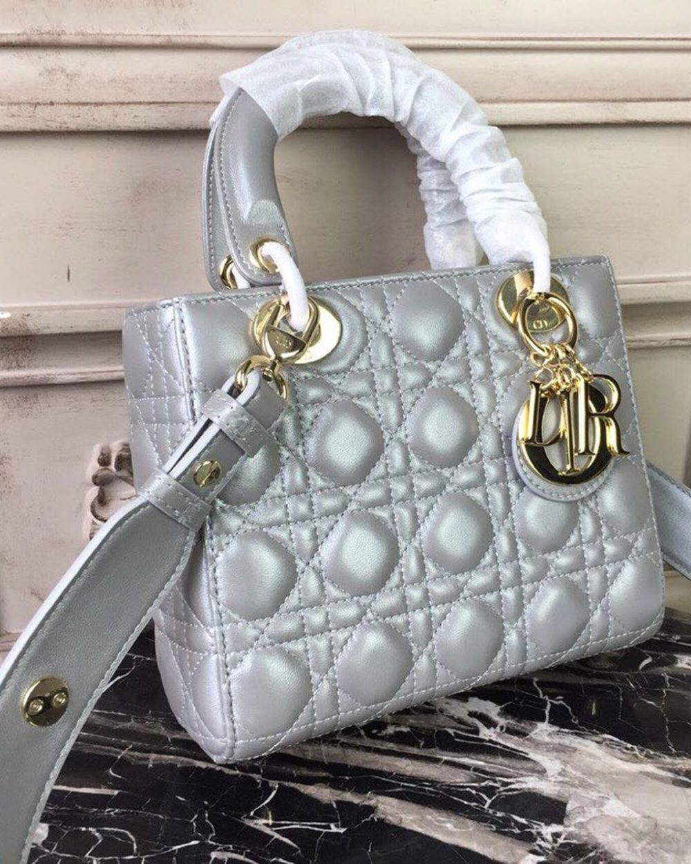 1:1 Replica Christian Dior Small Lady Dior Bag Gold Toned Hardware Pearl Silver White For Women 8in/20cm CD