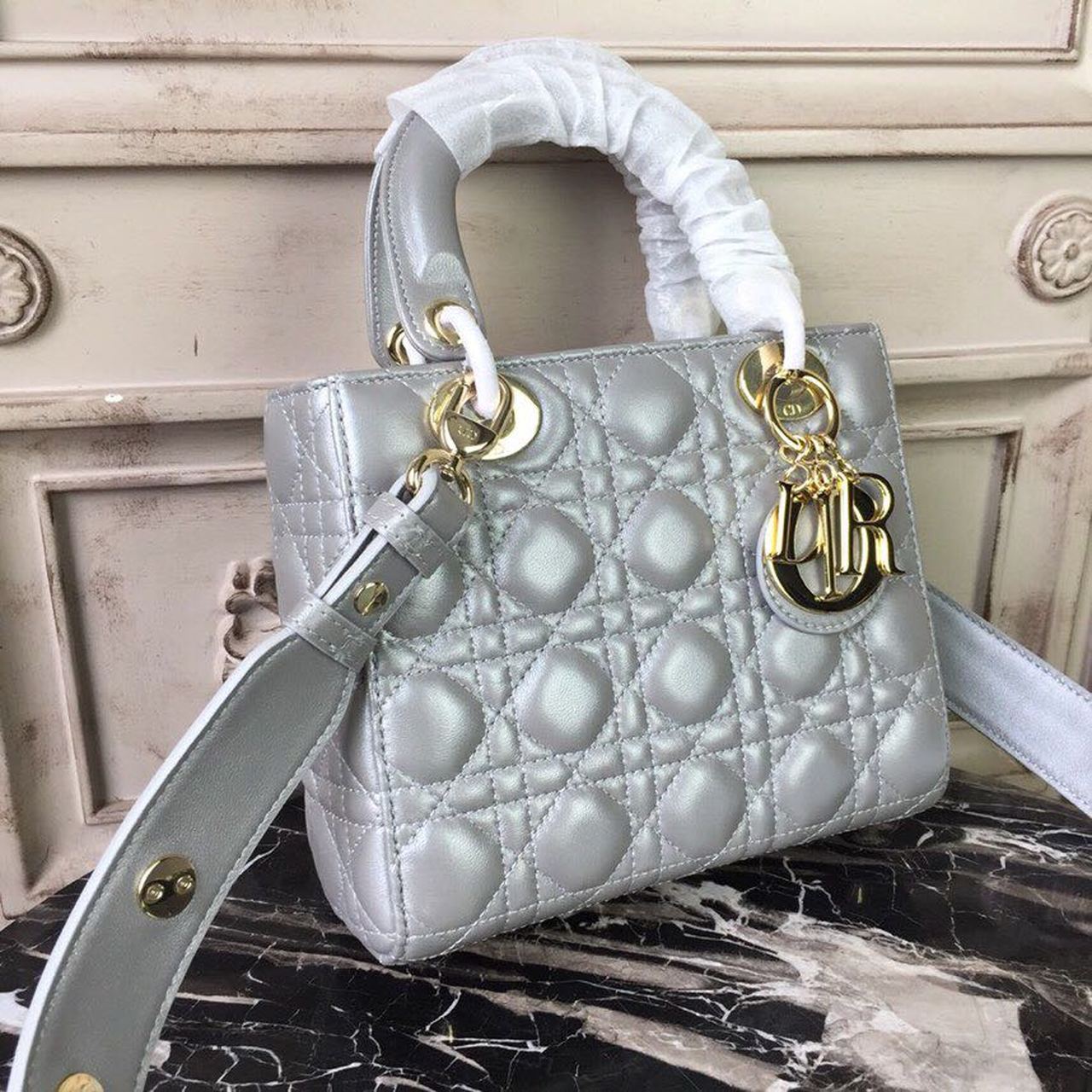 1:1 Replica Christian Dior Small Lady Dior Bag Gold Toned Hardware Pearl Silver White For Women 8in/20cm CD - Image 5