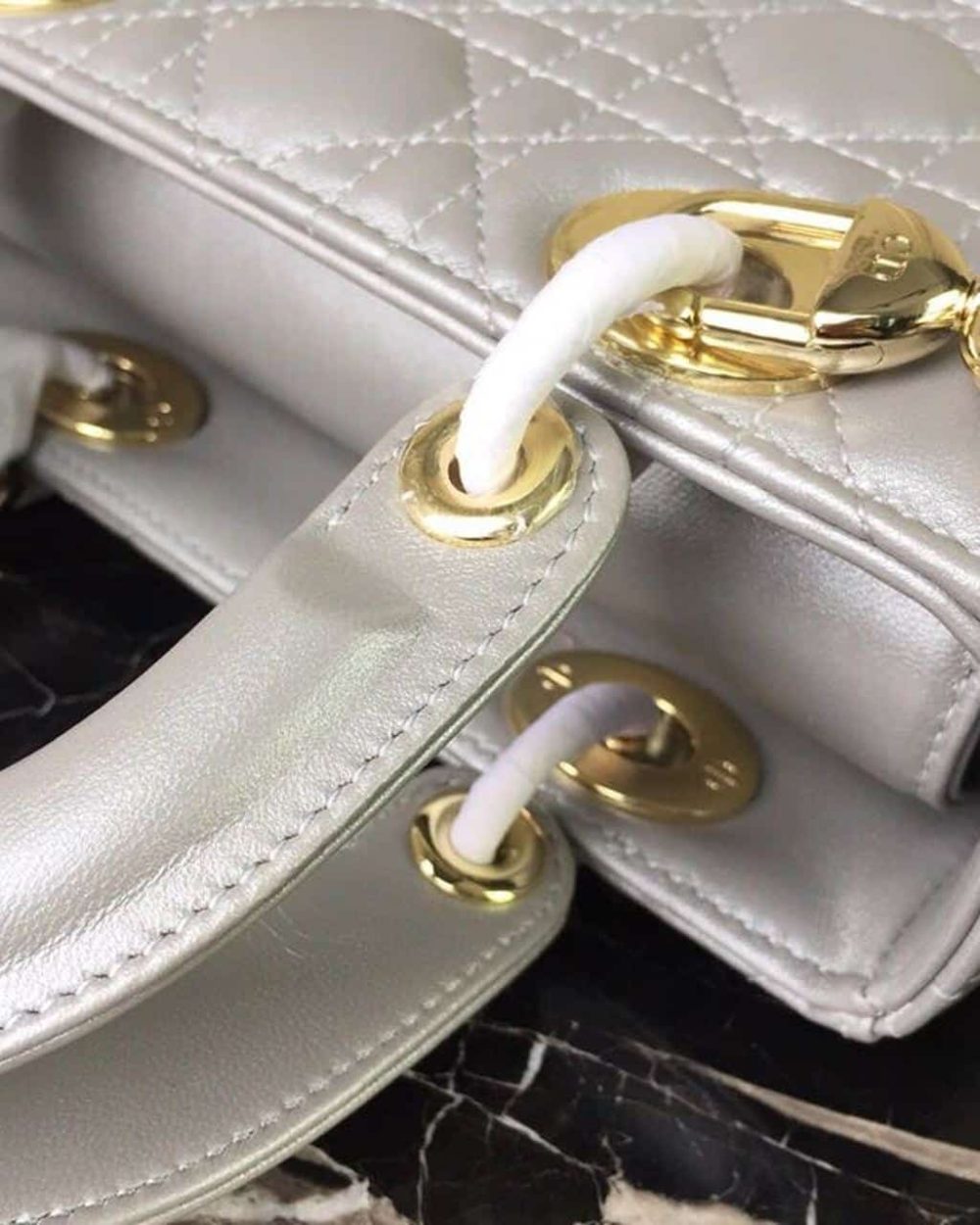 1:1 Replica Christian Dior Small Lady Dior Bag Gold Toned Hardware Pearl Silver White For Women 8in/20cm CD
