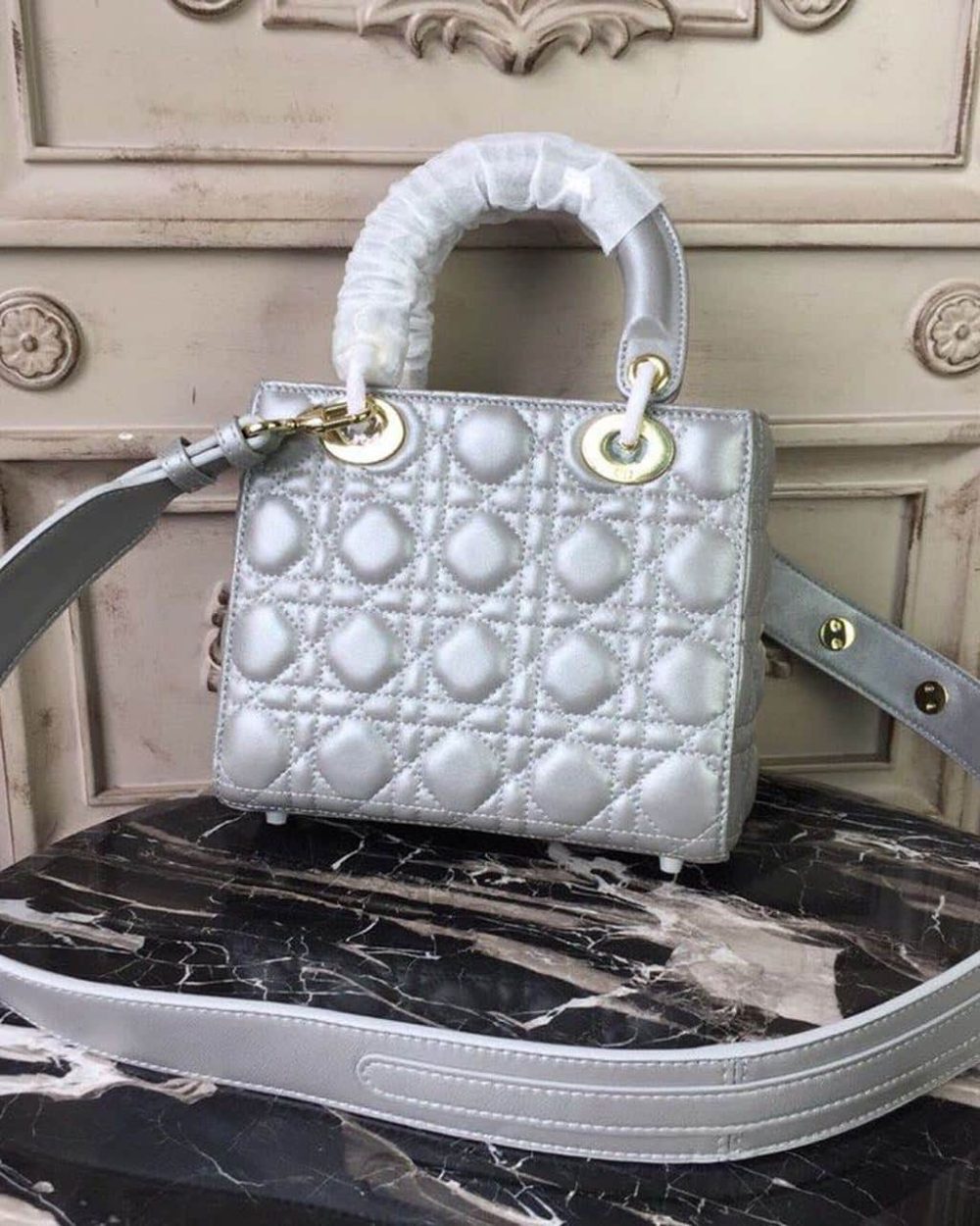 1:1 Replica Christian Dior Small Lady Dior Bag Gold Toned Hardware Pearl Silver White For Women 8in/20cm CD