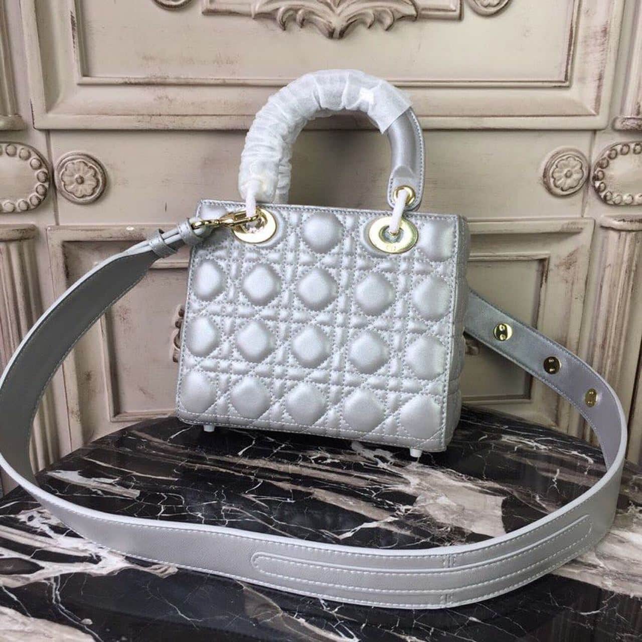 1:1 Replica Christian Dior Small Lady Dior Bag Gold Toned Hardware Pearl Silver White For Women 8in/20cm CD - Image 4
