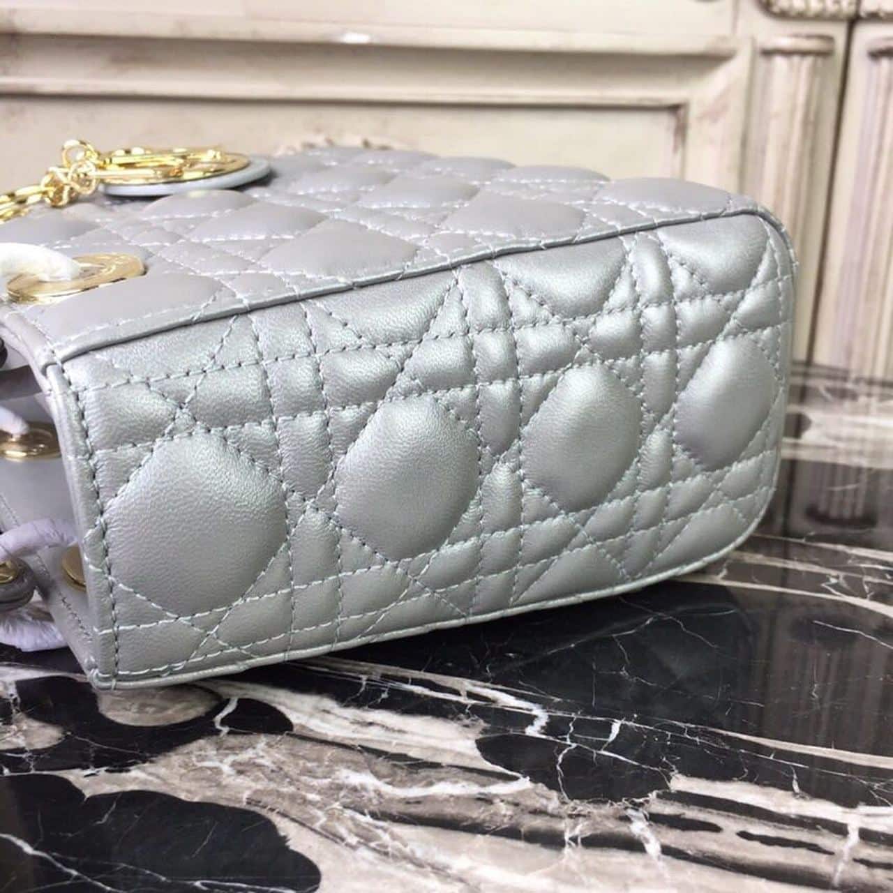 1:1 Replica Christian Dior Small Lady Dior Bag Gold Toned Hardware Pearl Silver White For Women 8in/20cm CD - Image 6