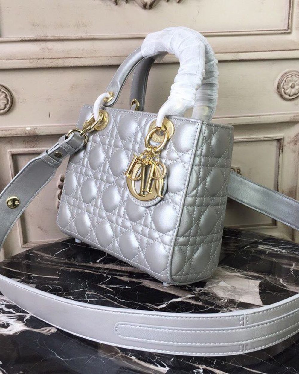 1:1 Replica Christian Dior Small Lady Dior Bag Gold Toned Hardware Pearl Silver White For Women 8in/20cm CD